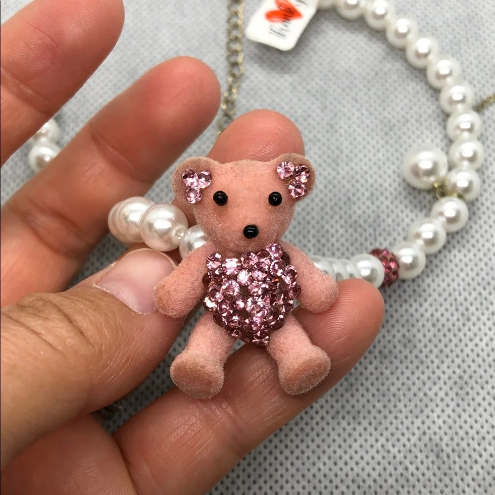Kids Pearl Necklace with Pink Teddy Charm - Brand: